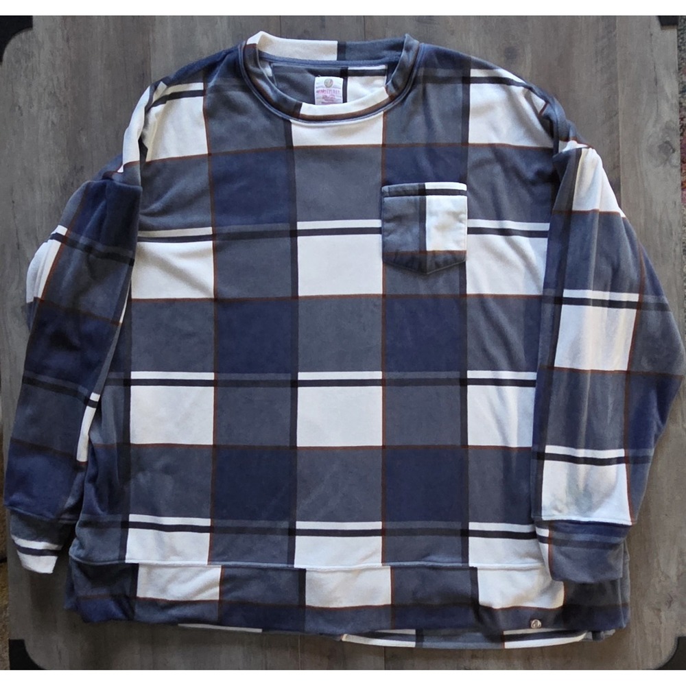 Marley Lilly Blue & White Plaid Long Sleeve Shirt W/ Front Pocket Women Sz 2XL